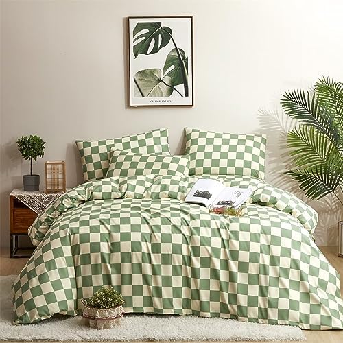 Houseri Plaid Green and White Duvet Cover Queen Size Set