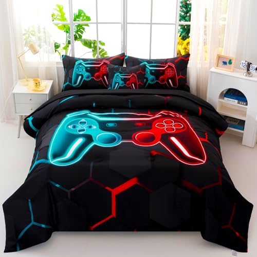 Gamer Twin Comforter Set Teal Red 6-Piece Bed in a Bag