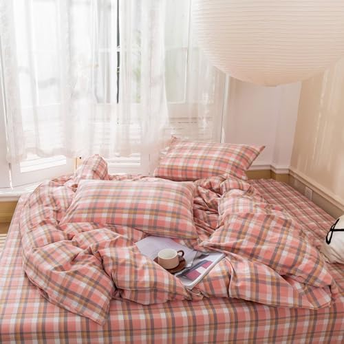 BuLuTu Pink Gingham Duvet Cover Set Twin
