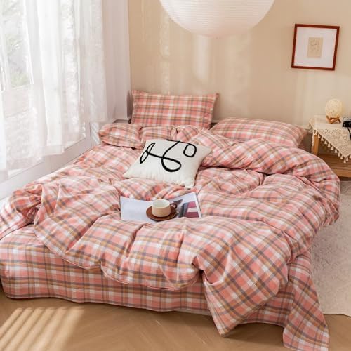BuLuTu Pink Gingham Duvet Cover Set Twin