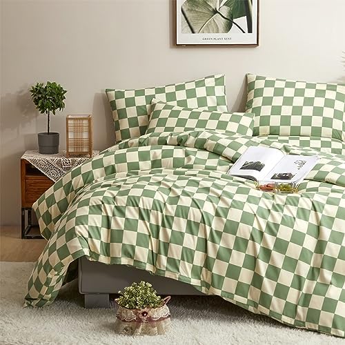 Houseri Plaid Green and White Duvet Cover Queen Size Set