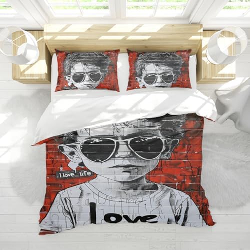 HOBBOY Red Duvet Cover Set with Boy Pattern 3pc Kids Bedroom Bedding