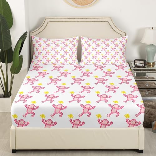 Feelyou Pink Monkey Bed Sheets Set for Kids