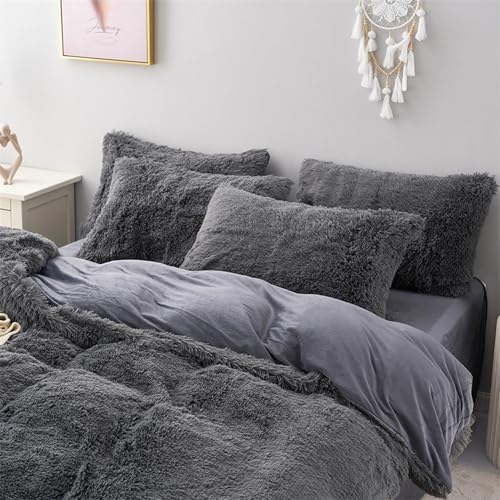 MorroMorn 5 PCS Shaggy Duvet Cover Bedding Set - Grey FullQueen 1