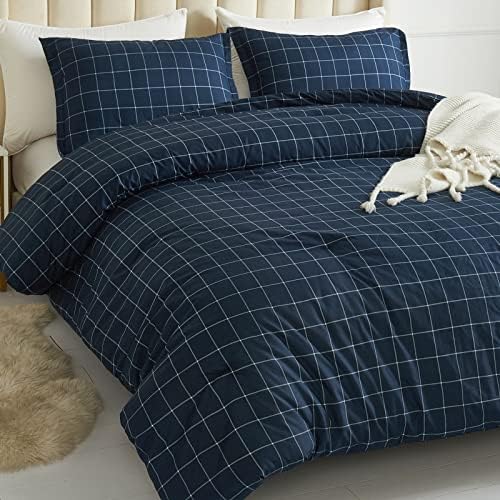 Andency Navy Grid Comforter Set Twin Size 2 Pieces