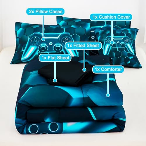 URBONUR Blue Teal Gamer Comforter Set 6-Piece