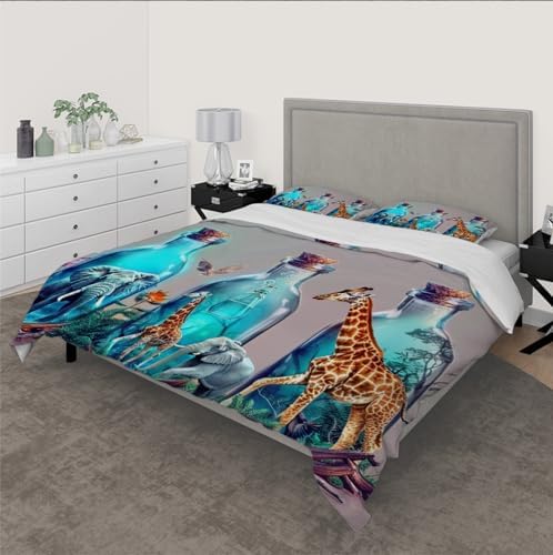 Kids Duvet Cover Set with Elephant Giraffe Pattern 3 Pieces