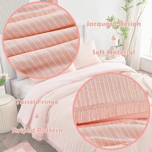 DECMAY Light Pink Twin Comforter Set with Tassels and Pillowcase
