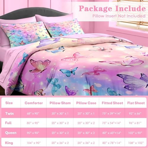 Pink Blue Butterfly Comforter Set Twin Size 5 Pcs