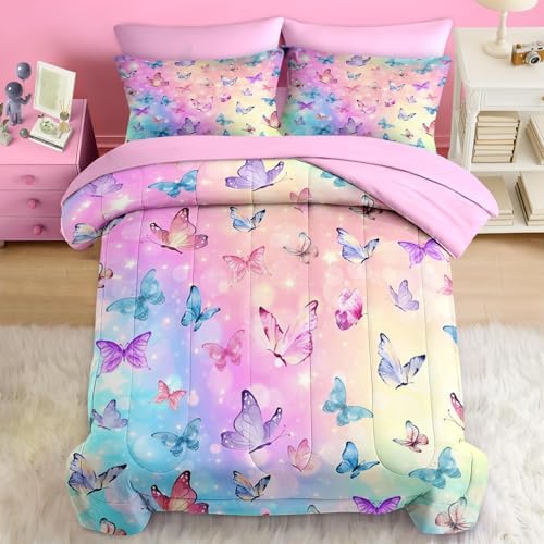 Pink Blue Butterfly Comforter Set Twin Size 5 Pcs