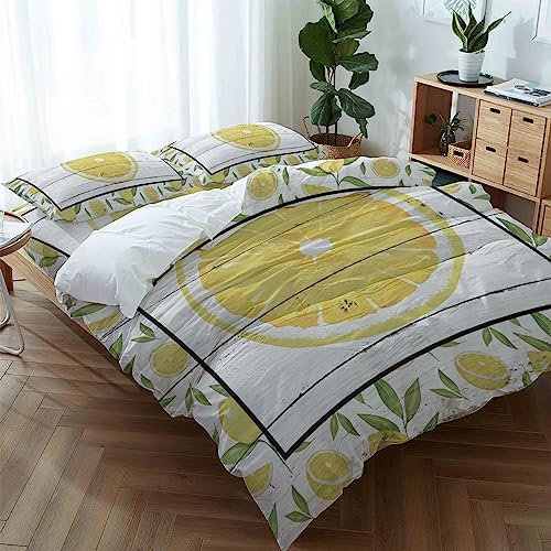 LooPoP 4PCS California King Duvet Cover Set - Floral Fruit Lemon Pattern