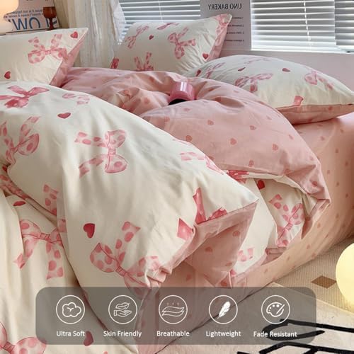 Erwinmu Queen Duvet Cover Set Pink Bow Ties Heart Reversible