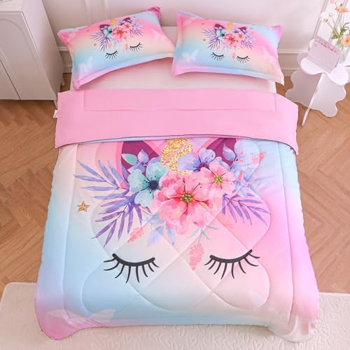 VIVILINEN Rainbow Unicorn Queen Comforter Set