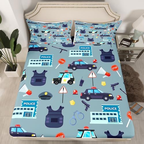 Manfei Cartoon Police Car Fitted Sheet Set Twin Size