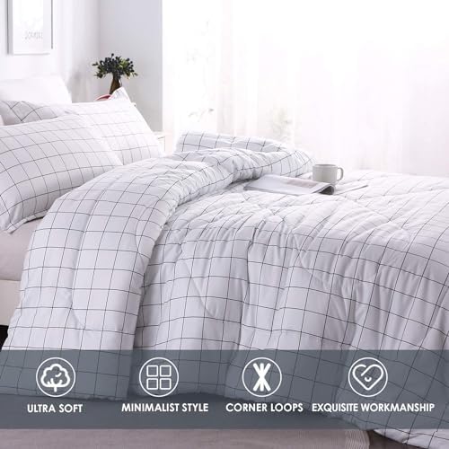 Andency White Grid Comforter Set Twin Size 2 Pieces 1