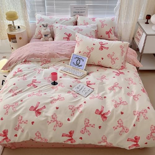 Erwinmu Queen Duvet Cover Set Pink Bow Ties Heart Reversible
