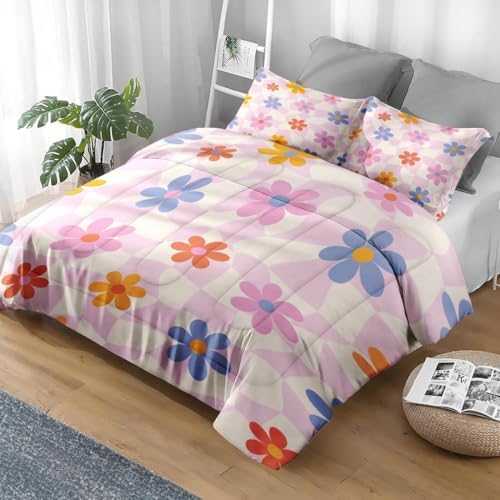 Pamnest Comforter Set Full Size Retro Daisy Pink 3 Pcs