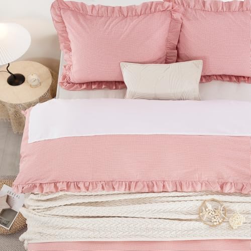 DAUAOTO Duvet Cover Set with Ruffle 100 Cotton Checkered Gingham Pink