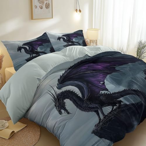 Black Purple Duvet Cover Twin XL Set with Dragon Design and Matching Pillowcases