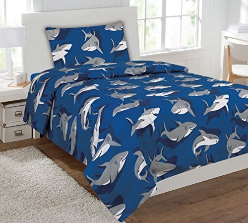 Fancy Linen Shark Under The Sea Blue Grey Twin Sheet Set