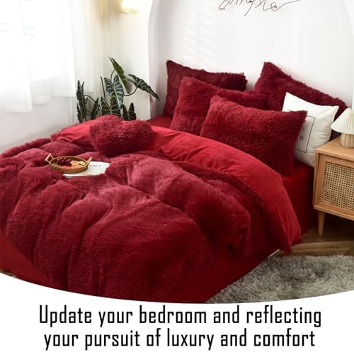 MorroMorn Luxury Shag Fluffy Duvet Cover Set - 5 Pcs Red