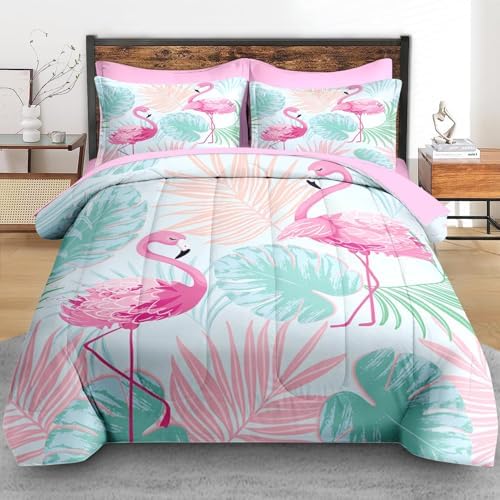 Pamnest Queen Comforter Set 7 Pcs Tropical Flamingo Pink