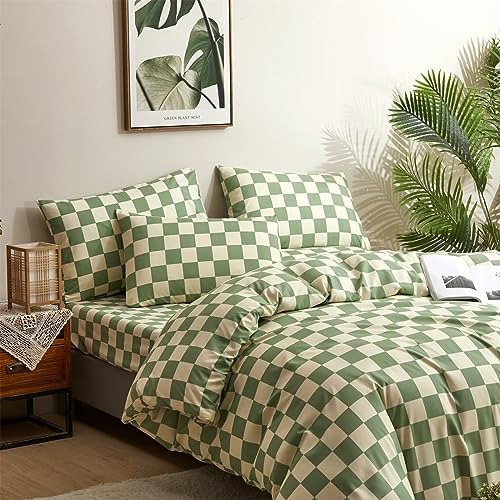 Houseri Plaid Green and White Duvet Cover Queen Size Set