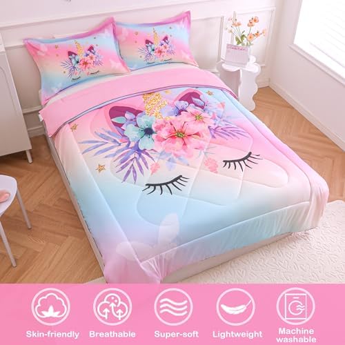 VIVILINEN Rainbow Unicorn Queen Comforter Set