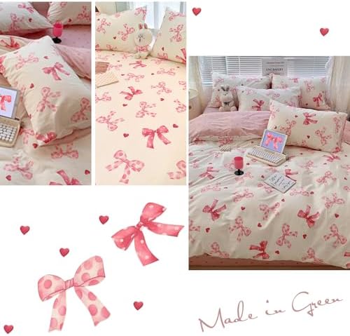 Erwinmu Queen Duvet Cover Set Pink Bow Ties Heart Reversible