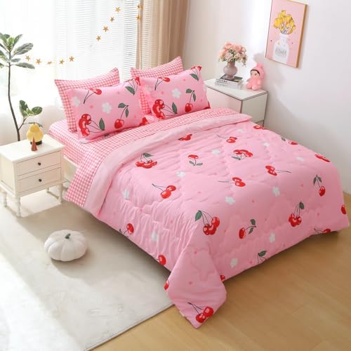 Gusuhome Girls Pink Cherry Comforter Bedding Set 7 Piece