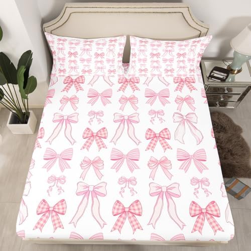 Manfei Kawaii Pink Bow Tie Sheet Set Twin Size