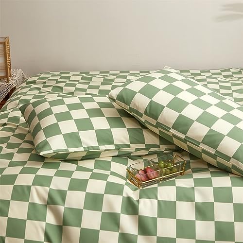 Houseri Plaid Green and White Duvet Cover Queen Size Set