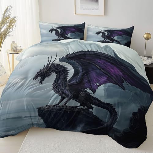 Black Purple Duvet Cover Twin XL Set with Dragon Design and Matching Pillowcases
