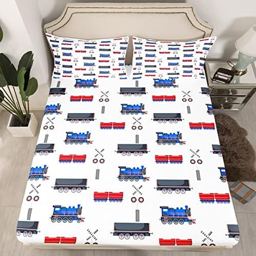 Erosebridal Red Blue Train Bed Sheet Set for Kids