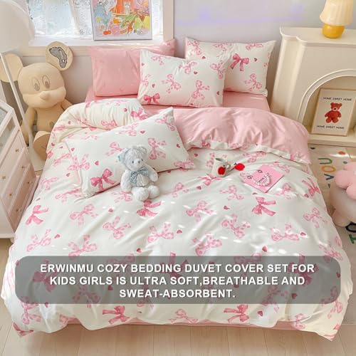 Erwinmu Queen Duvet Cover Set Pink Bow Ties Heart Reversible