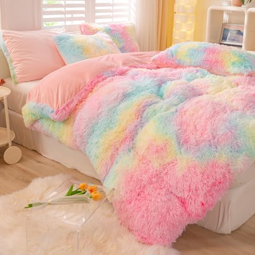 ZRNBAST Shaggy Duvet Cover Set Twin Rainbow Tie Dye Faux Fur 1