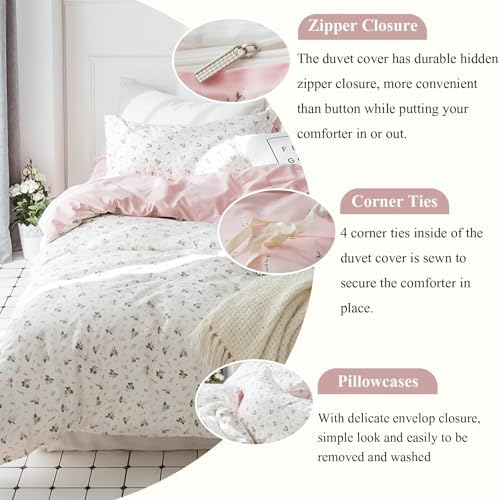VClife Pink Floral Duvet Cover Set 3 Piece