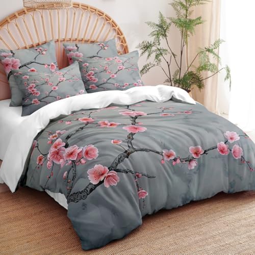CCoutueChen Grey Pink Cherry Blossom Duvet Cover Set
