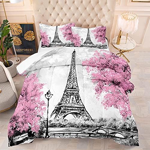 Kxry Pink Paris Comforter Set Queen Size