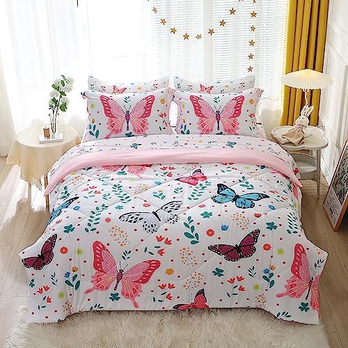 Girls Butterfly Comforter Set 3 Piece Full Size Kids Bedding