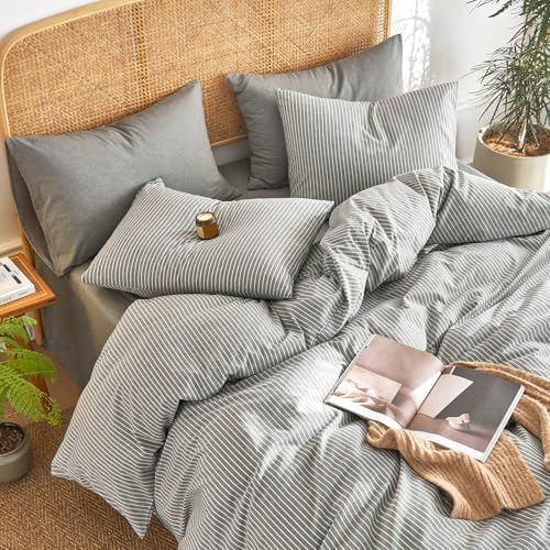 Wake In Cloud Striped Cotton Duvet Cover Set - Grey Twin Size