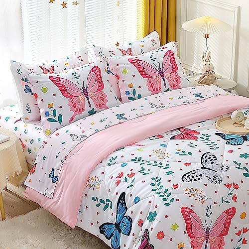 Girls Butterfly Comforter Set 3 Piece Full Size Kids Bedding