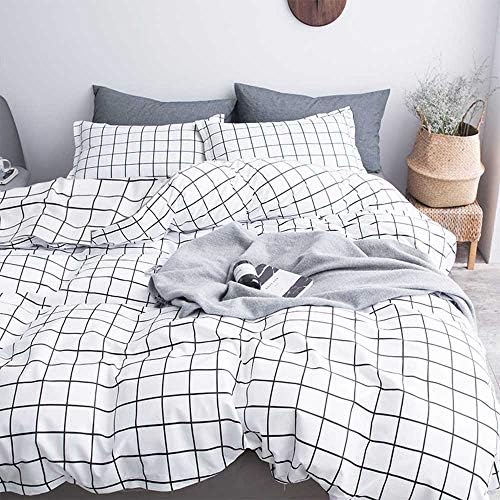 Nanko Twin Duvet Cover Set White Plaid Microfiber