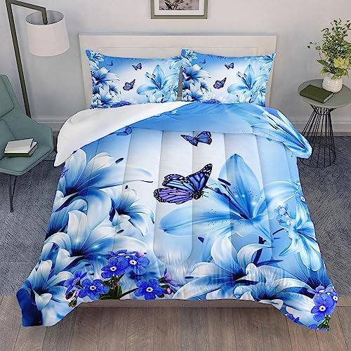AILONEN Butterfly Comforter Set Twin Size Blue Lily Flowers 1