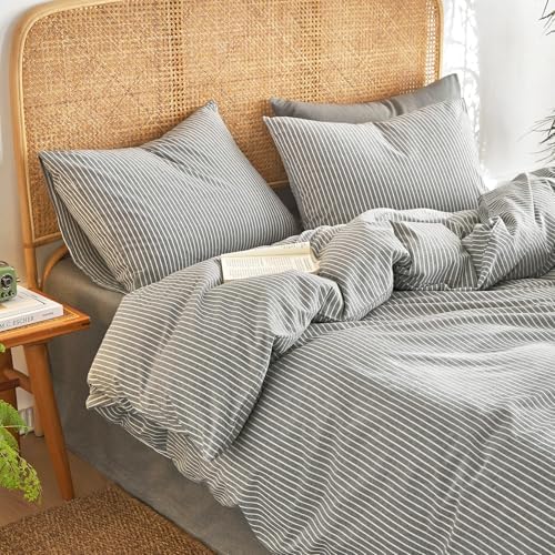 Wake In Cloud Striped Cotton Duvet Cover Set - Grey Twin Size
