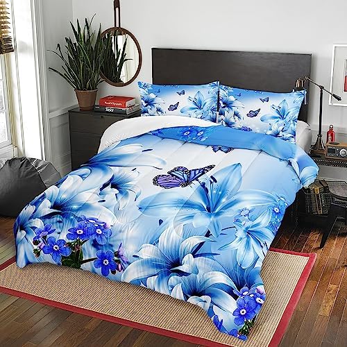 AILONEN Butterfly Comforter Set Twin Size Blue Lily Flowers 1