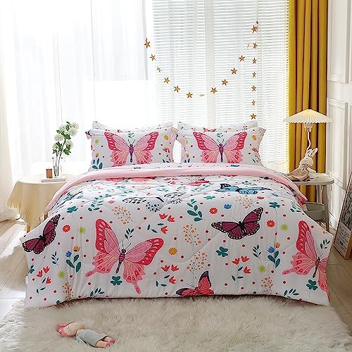 Girls Butterfly Comforter Set 3 Piece Full Size Kids Bedding